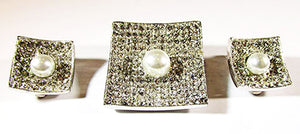 Kramer N.Y. Vintage Jewelry 1950s Diamante and Pearl Pin and Earrings - Front