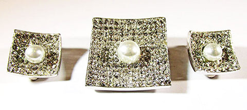 Kramer N.Y. Vintage Jewelry 1950s Diamante and Pearl Pin and Earrings - Front