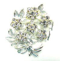 Vintage Mid-Century Sparkling Rhinestone Silver Floral Pin - Front - Thumbnail