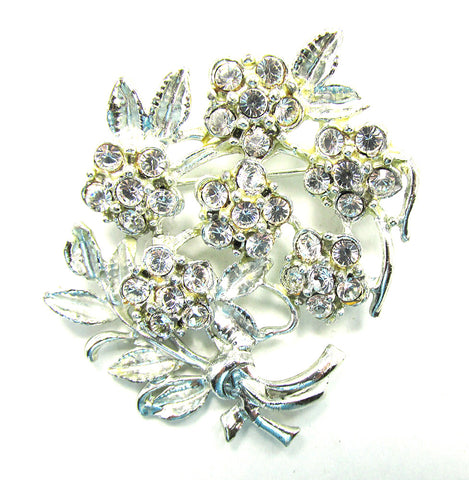 Vintage Mid-Century Sparkling Rhinestone Silver Floral Pin - Front