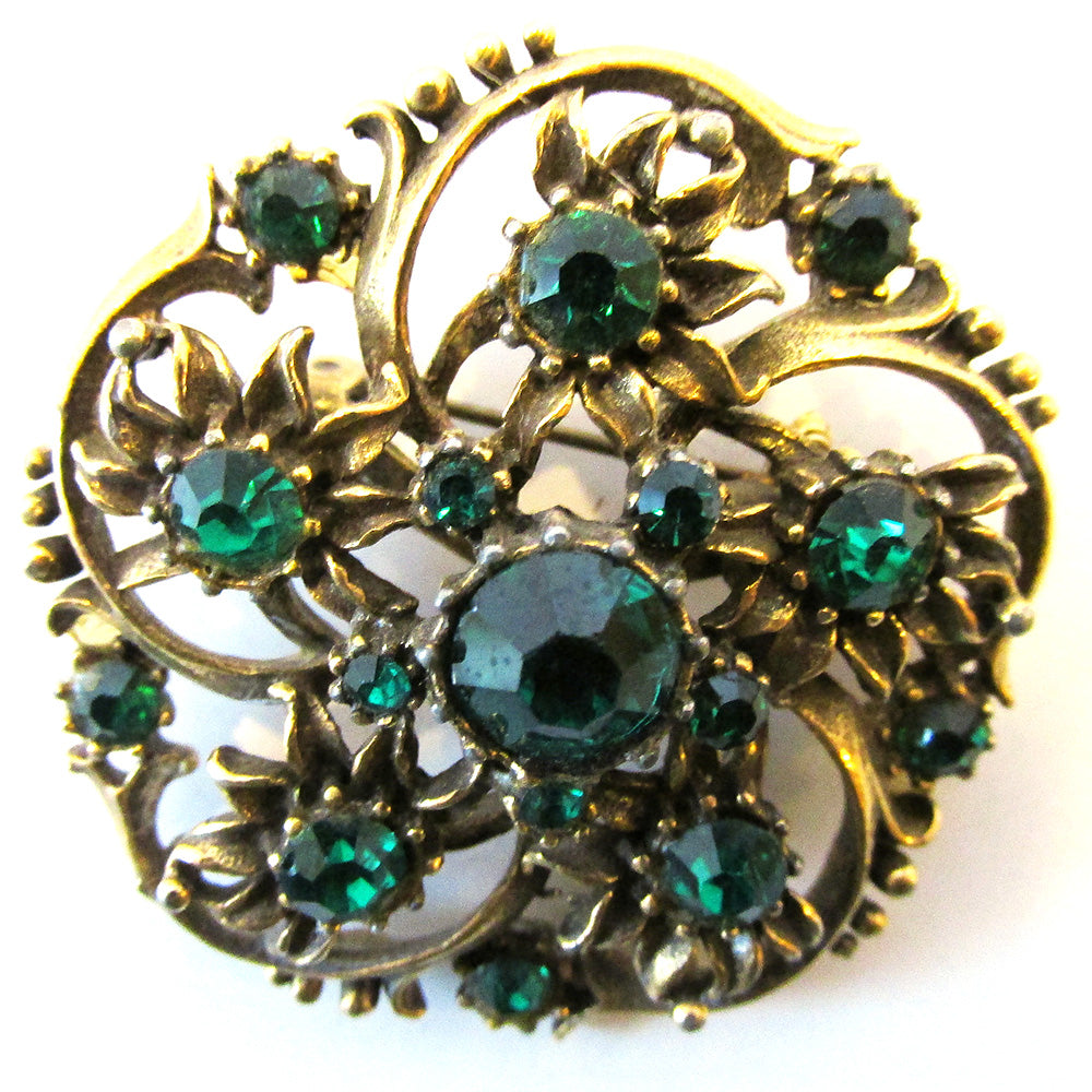 Coro Vintage 1950s Designer Emerald-Green Diamante Floral Pin - Front