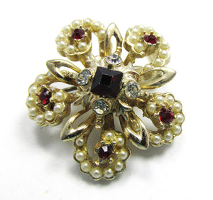 Dainty Vintage 1950s Mid-Century Rhinestone and Pearl Floral Pin - Front