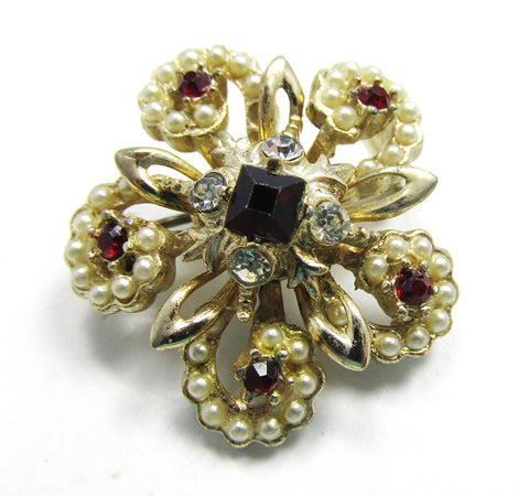 Dainty Vintage 1950s Mid-Century Rhinestone and Pearl Floral Pin - Front