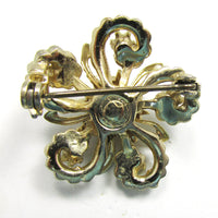 Dainty Vintage 1950s Mid-Century Rhinestone and Pearl Floral Pin - Back - Thumbnail