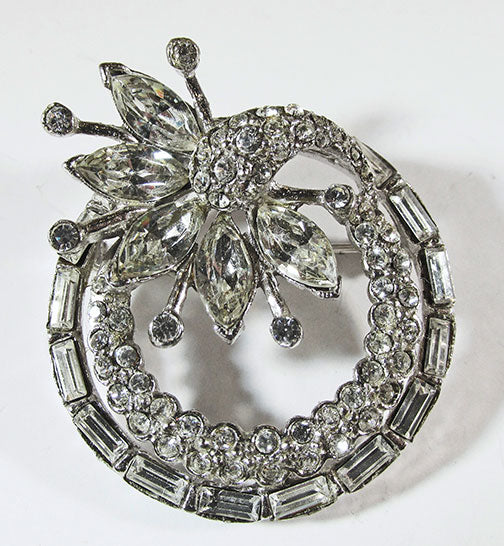 Vintage Mid Century 1950s Extraordinary Rhinestone Floral Circle Pin