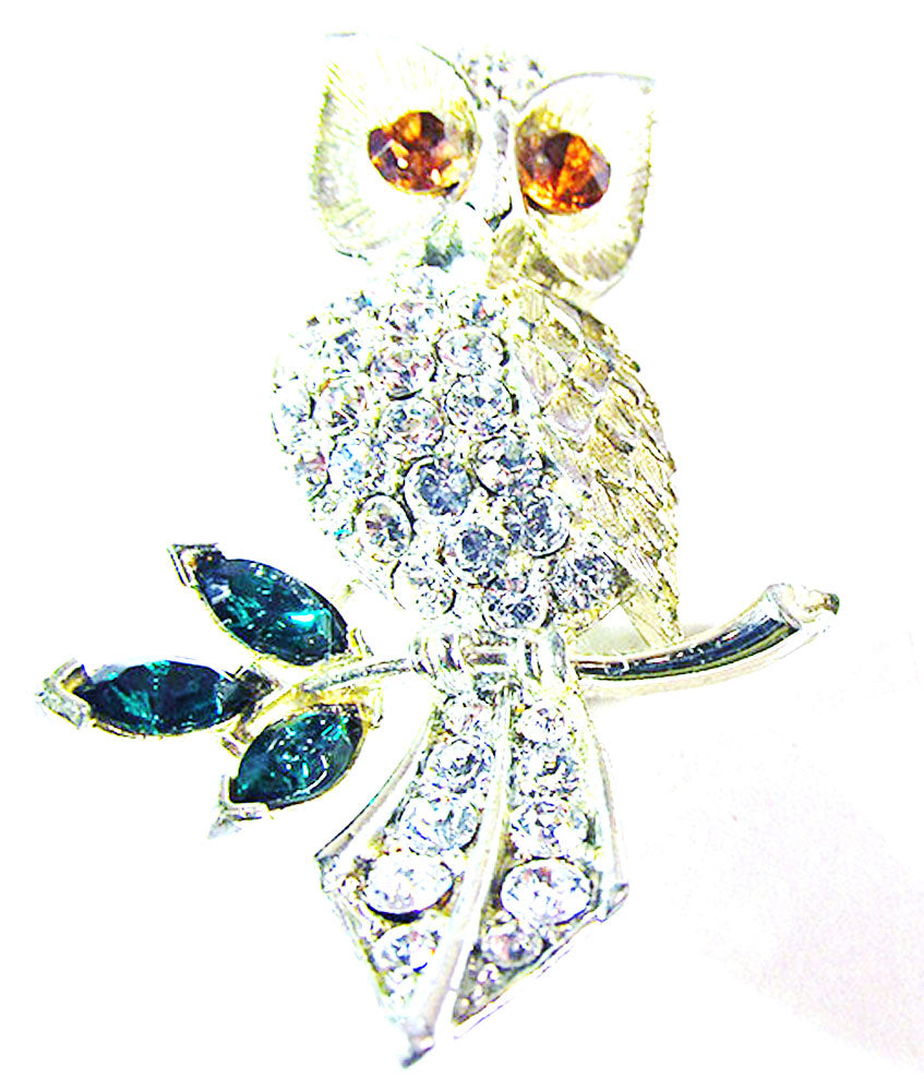 Lisner 1950s Vintage Adorable Mid-Century Figural Diamante Owl Pin - Front