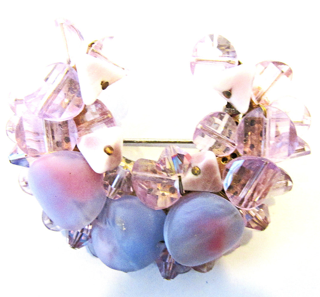 Vintage 1960s Unique Purple Bead and Crystal Crescent-Shaped Pin - Front