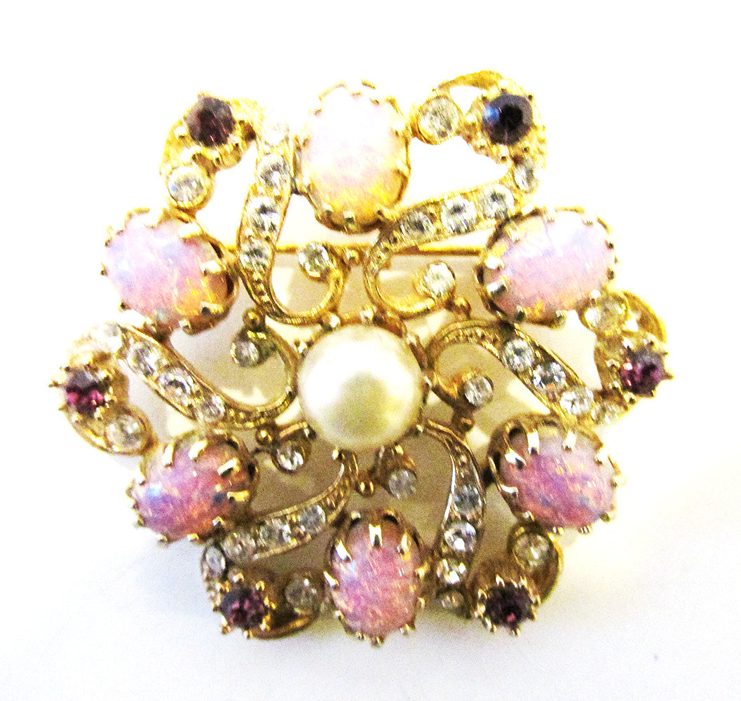 Jewelry Vintage Mid-Century Ornate Diamante and Pearl Ribbon Pin - Front