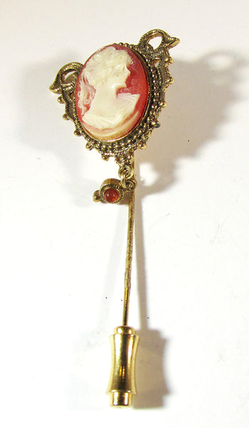 Jewelry Vintage 1950s Mid-Century Gold Cameo Hat or Stick Pin - Front