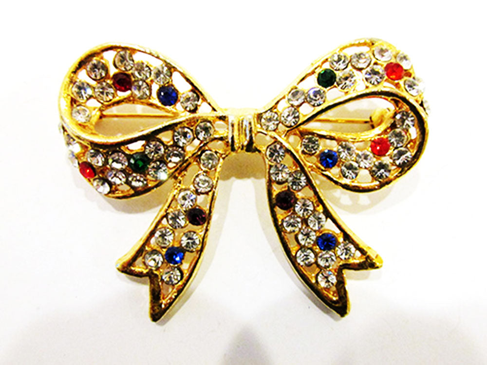 1960s Vintage Jewelry Contemporary Style Multi-Color Diamante Bow Pin - Front