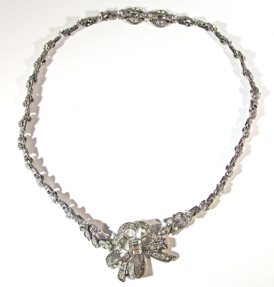 Attractive 1930s Art Nouveau Style Pot Metal Diamante Bow Necklace - Front
