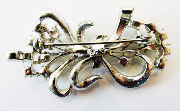 Coro Vintage Mid-Century Diamante and Pearl Floral Ribbon Pin - Back