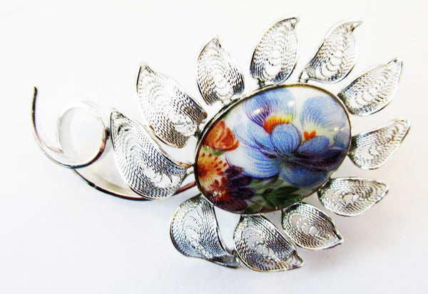 Beautiful 1960s Mid-Century Floral Porcelain and Cannetille Work Pin - Front