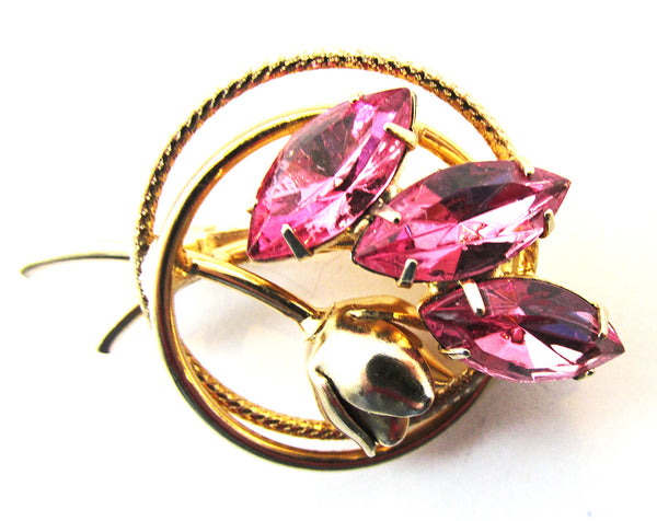 Vintage 1950s Dainty Mid-Century Pink RhinestioneRose Pin - Front