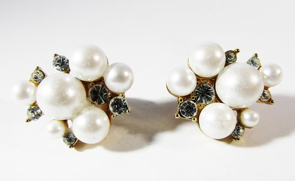 Vintage Mid-Century Flawless Sparkling Diamante and Pearl Earrings - Front