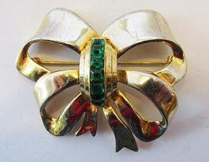Vintage 1950s Mid Century Emerald Rhinestone Ribbon Bow Pin