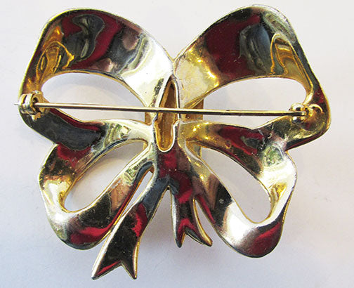 Vintage 1950s Mid Century Emerald Rhinestone Ribbon Bow Pin