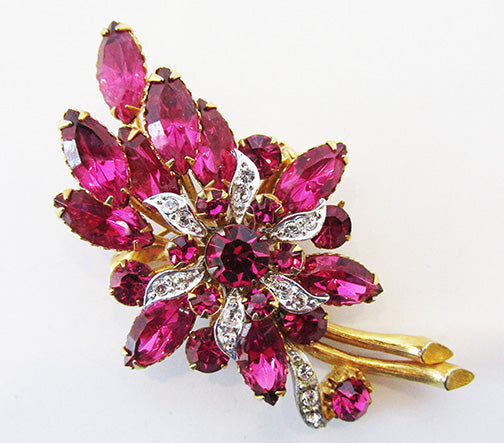 Vintage 1950s Mid Century Fuchsia Rhinestone Floral Bouquet Pin