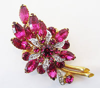 Vintage 1950s Mid Century Fuchsia Rhinestone Floral Bouquet Pin - Thumbnail