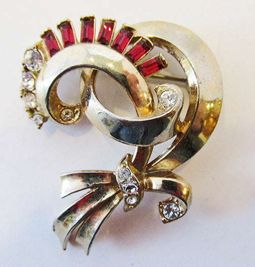 Vintage 1950s Striking Ruby Red and Clear Floral Bouquet Pin