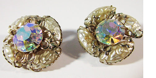 VVintage 1950s Unusual Aurora Borealis and Pearl Floral Button Earrings