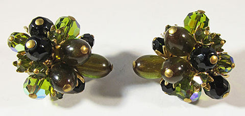 Vintage 1960s Retro Distinctive Green Crystal and Bead Floral Earrings