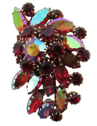 Vintage 1950s Ruby-Red and AB Rhinestone Gold-Toned Floral Pin - Front - Thumbnail