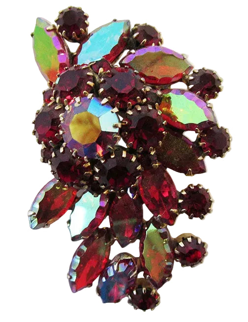 Vintage 1950s Ruby-Red and AB Rhinestone Gold-Toned Floral Pin - Front