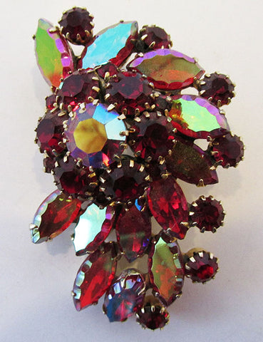 Vintage Mid Century 1950s Dazzling Ruby Red Floral Pin