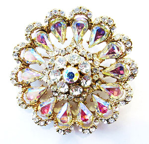 Vintage 1950s Jewelry Stunning Aurora Borealis Diamante Floral Pin - Front