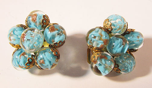 Italy Vintage 1950s Stunning Turquoise and Gold Art Glass Earrings