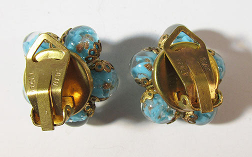 Italy Vintage 1950s Stunning Turquoise and Gold Art Glass Earrings