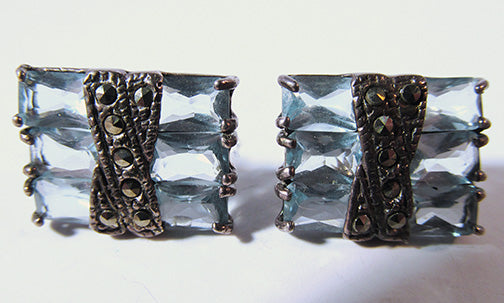 Vintage 1970s Retro Geometric Blue Topaz and Sterling Earrings