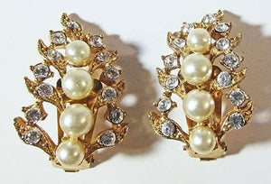 Charel Vintage 1950s Unique Mid-Century Pearl and Rhinestone Earrings