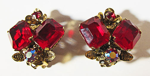 Signed Austria Vintage 1950s Ruby-Red Rhinestone Floral Earrings - Front
