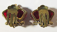 Signed Austria Vintage 1950s Ruby-Red Rhinestone Floral Earrings - Back - Thumbnail