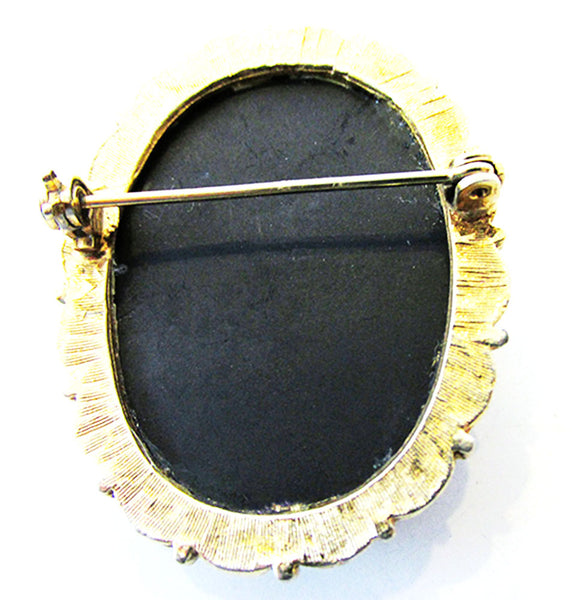 Vintage 1950s Jewelry Dramatic Mid-Century Black Stone Cameo Pin - Back