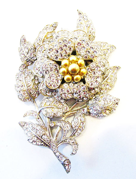 Vintage 1930s Magnificent Rare Three-Dimensional Diamante Floral Pin - Front