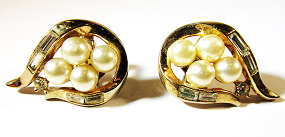 Crown Trifari Vintage Jewelry 1950s Diamante and Pearl Earrings - Front