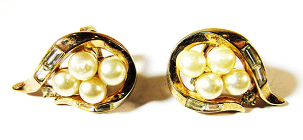 Crown Trifari Vintage Jewelry 1950s Diamante and Pearl Earrings - Front