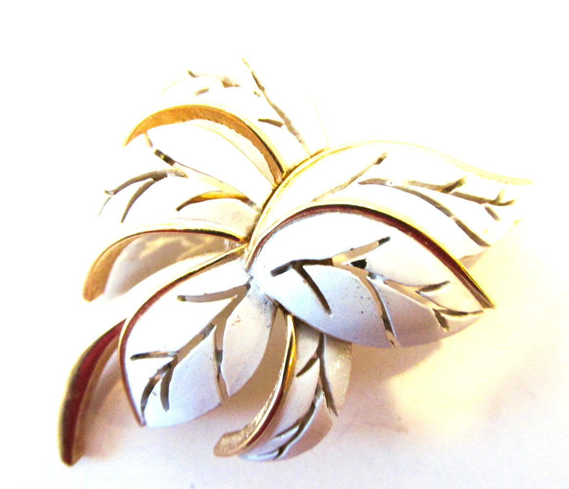 Crown Trifari 1960s Timeless Designer White Enameled Leaf Pin - Front