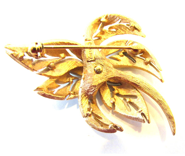 Crown Trifari 1960s Timeless Designer White Enameled Leaf Pin - Back