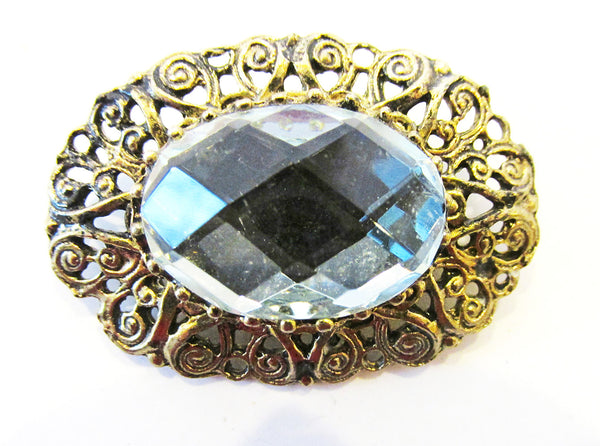 Jewelry Vintage 1950s Mid-Century Gold Oval Rhinestone Pin - Front