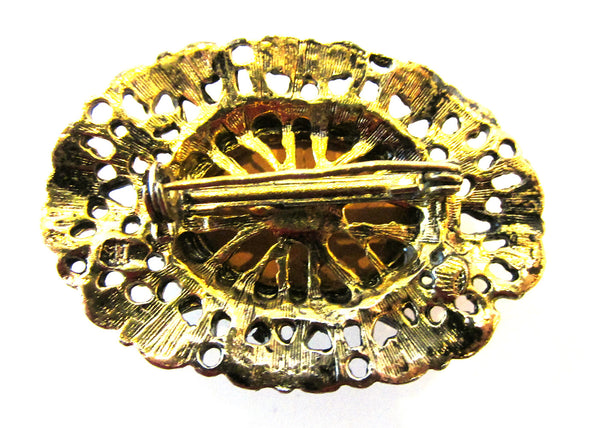 Jewelry Vintage 1950s Mid-Century Gold Oval Rhinestone Pin - Back