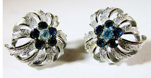 Coro 1950s Vintage Mid-Century Sapphire Diamante Floral Earrings - Front