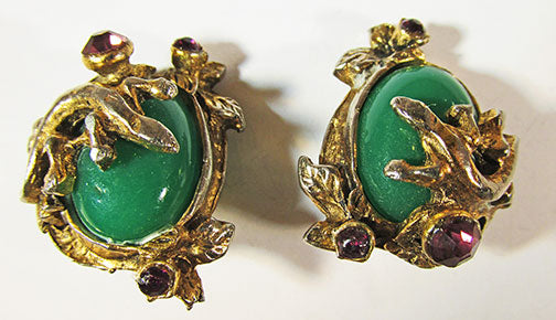 Vintage 1940s Distinctive Art Nouveau Style Jade Earrings