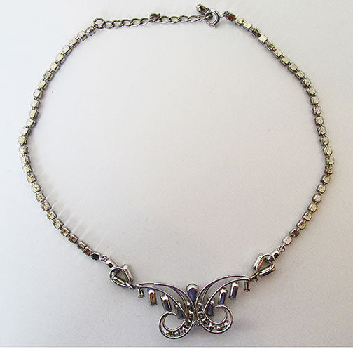 Vintage Sterling Silver Mid Century Geometric Rhinestone Necklace