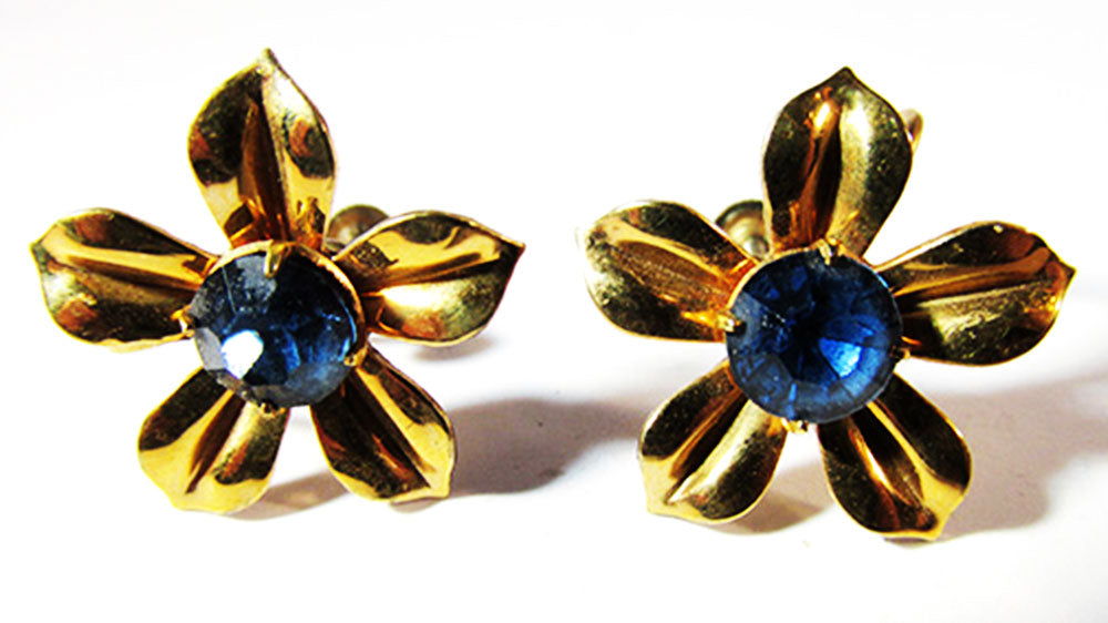 1940s Vintage Jewelry Sapphire Diamante Gold Filled Floral Earrings - Front