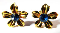 1940s Vintage Jewelry Sapphire Diamante Gold Filled Floral Earrings - Front - Thumbnail
