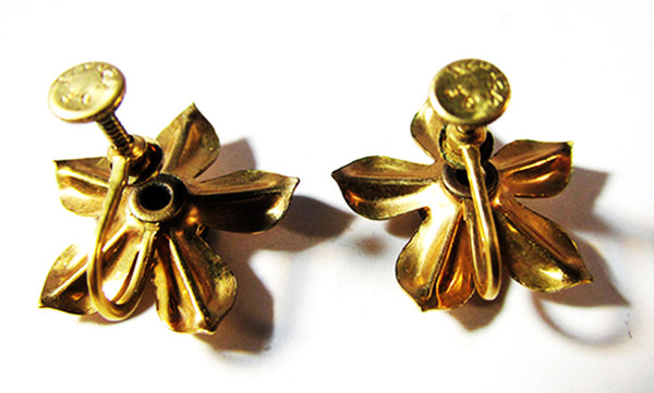 1940s Vintage Jewelry Sapphire Diamante Gold Filled Floral Earrings - Back